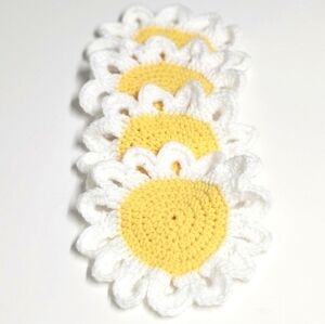 Handmade Crochet Daisy Coasters – Set of 4 Yellow & White